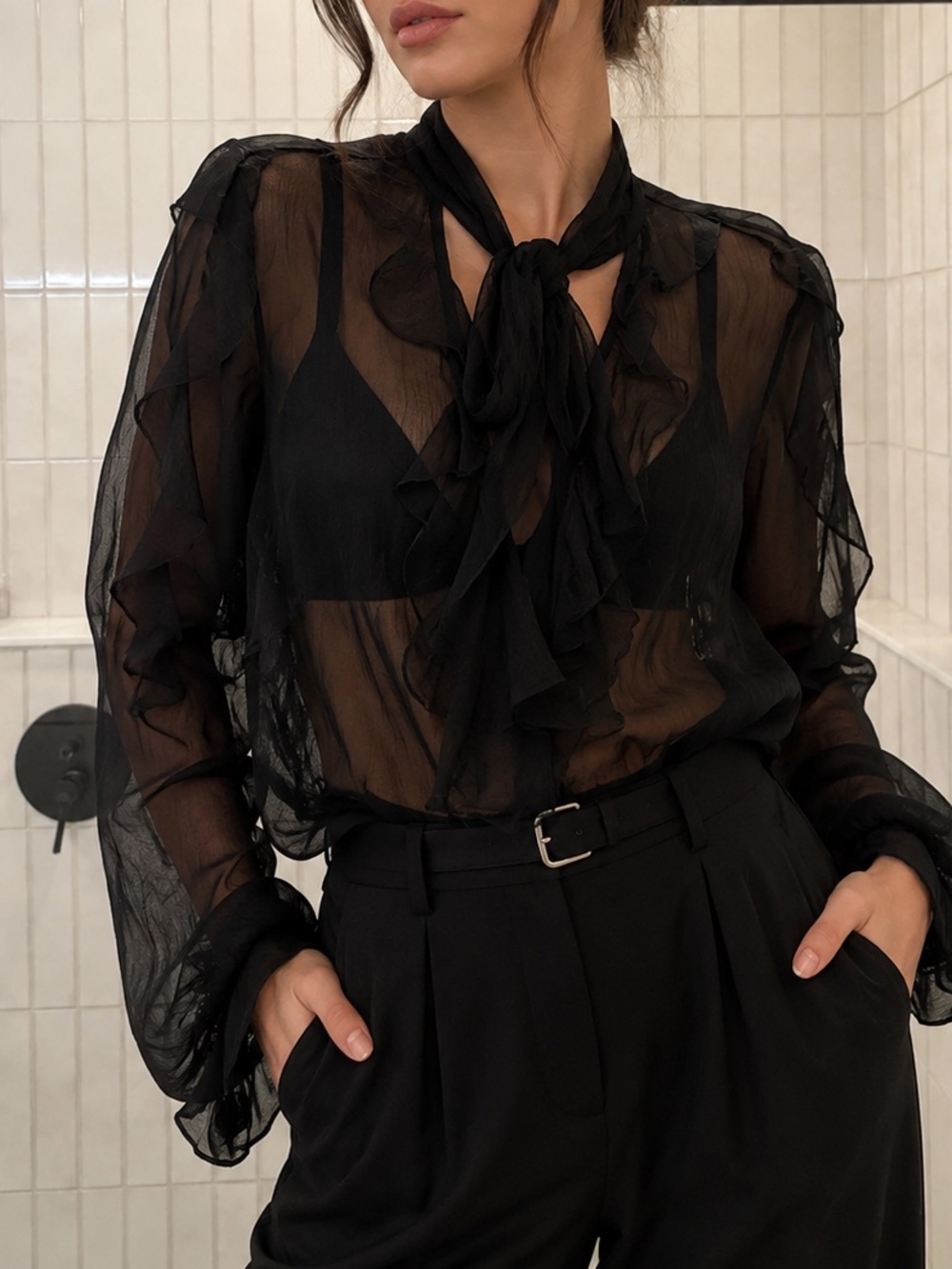 Nasty Gal Sheer Ruffle Tie-Neck Blouse - Black